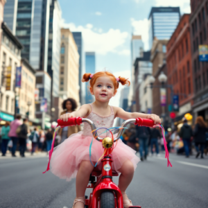 Imagem realista de uma garota vestida de bailarina, andando de bicicleta em uma cidade